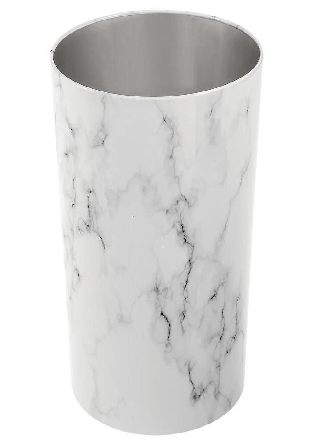 mDesign Round Metal Small 1.7 Gallon Recycle Trash Can Wastebasket, Garbage Container Bin for Bathrooms, Kitchen, Bedroom, Home Office - Durable Stainless Steel - Mirri Collection - White Marble - Image 5