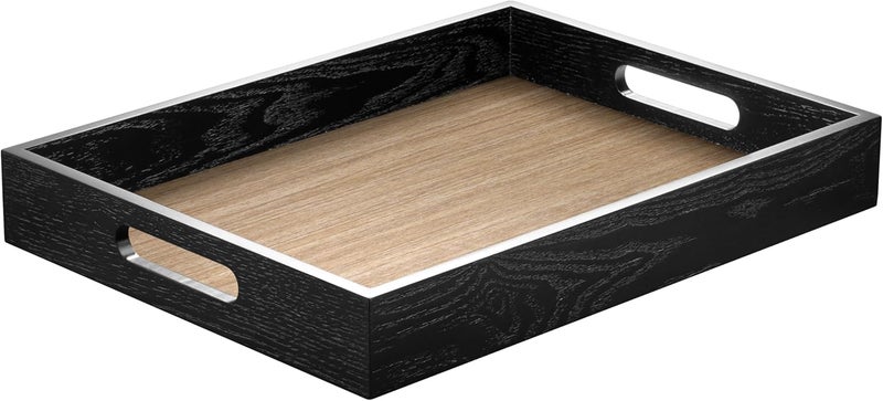ATZYmolin Wood Serving Tray with Handles Home Decorative Wooden Rectangle Ottoman Decor Platter Vanity Tray for Breakfast Dinner Drinks Kitchen Dining Living Bathroom Restaurants Black Wooden - Image 1