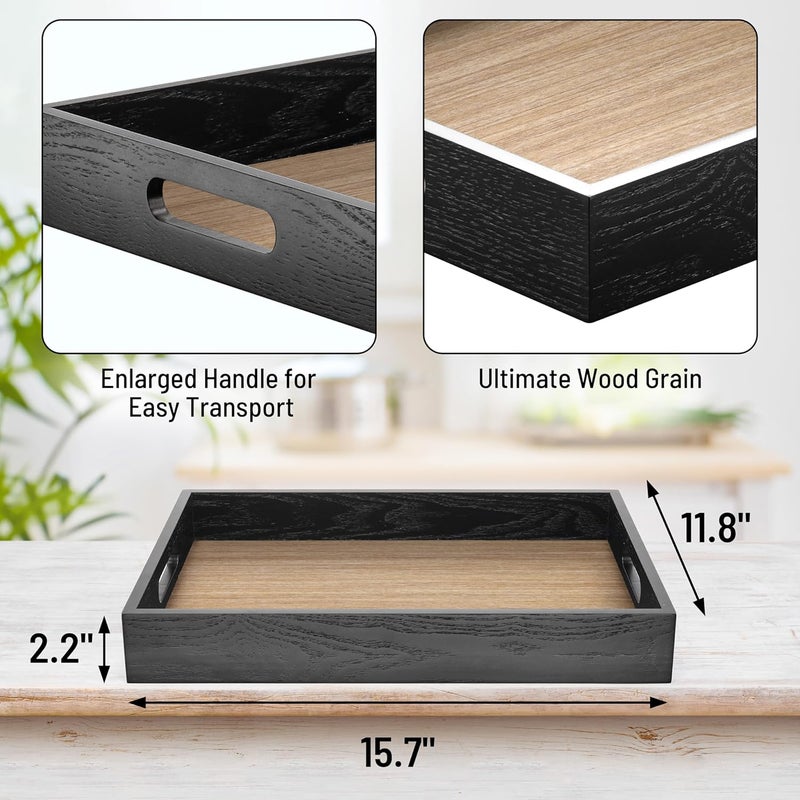 ATZYmolin Wood Serving Tray with Handles Home Decorative Wooden Rectangle Ottoman Decor Platter Vanity Tray for Breakfast Dinner Drinks Kitchen Dining Living Bathroom Restaurants Black Wooden - Image 2
