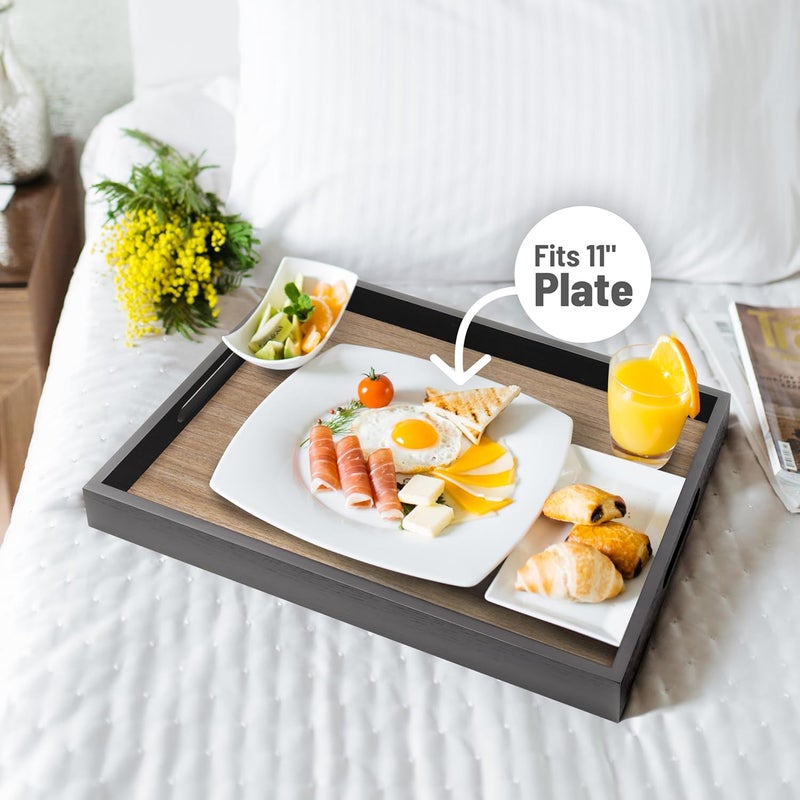 ATZYmolin Wood Serving Tray with Handles Home Decorative Wooden Rectangle Ottoman Decor Platter Vanity Tray for Breakfast Dinner Drinks Kitchen Dining Living Bathroom Restaurants Black Wooden - Image 3