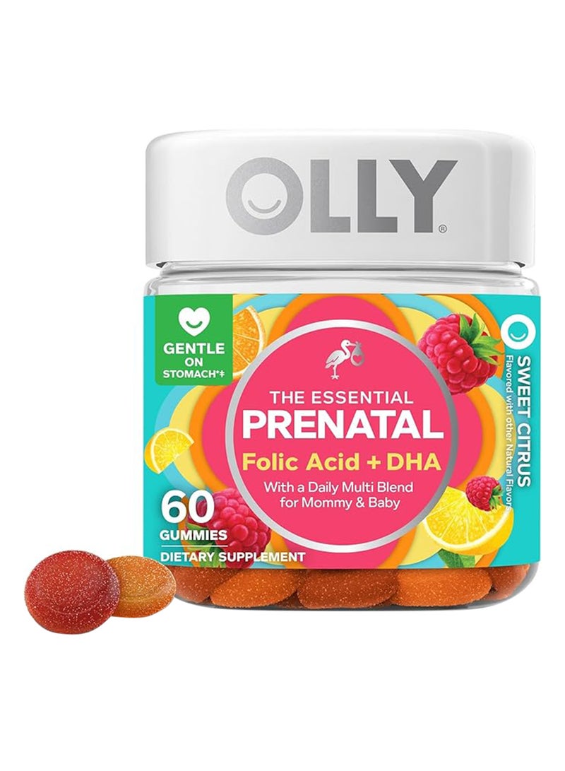 OLLY Essential Prenatal Gummy Multivitamin, 30 Day Supply, Sweet, Folic Acid, Vitamin D, Omega 3 DHA, Chewable Supplement, White Citrus, 60 Count - Pack of 1