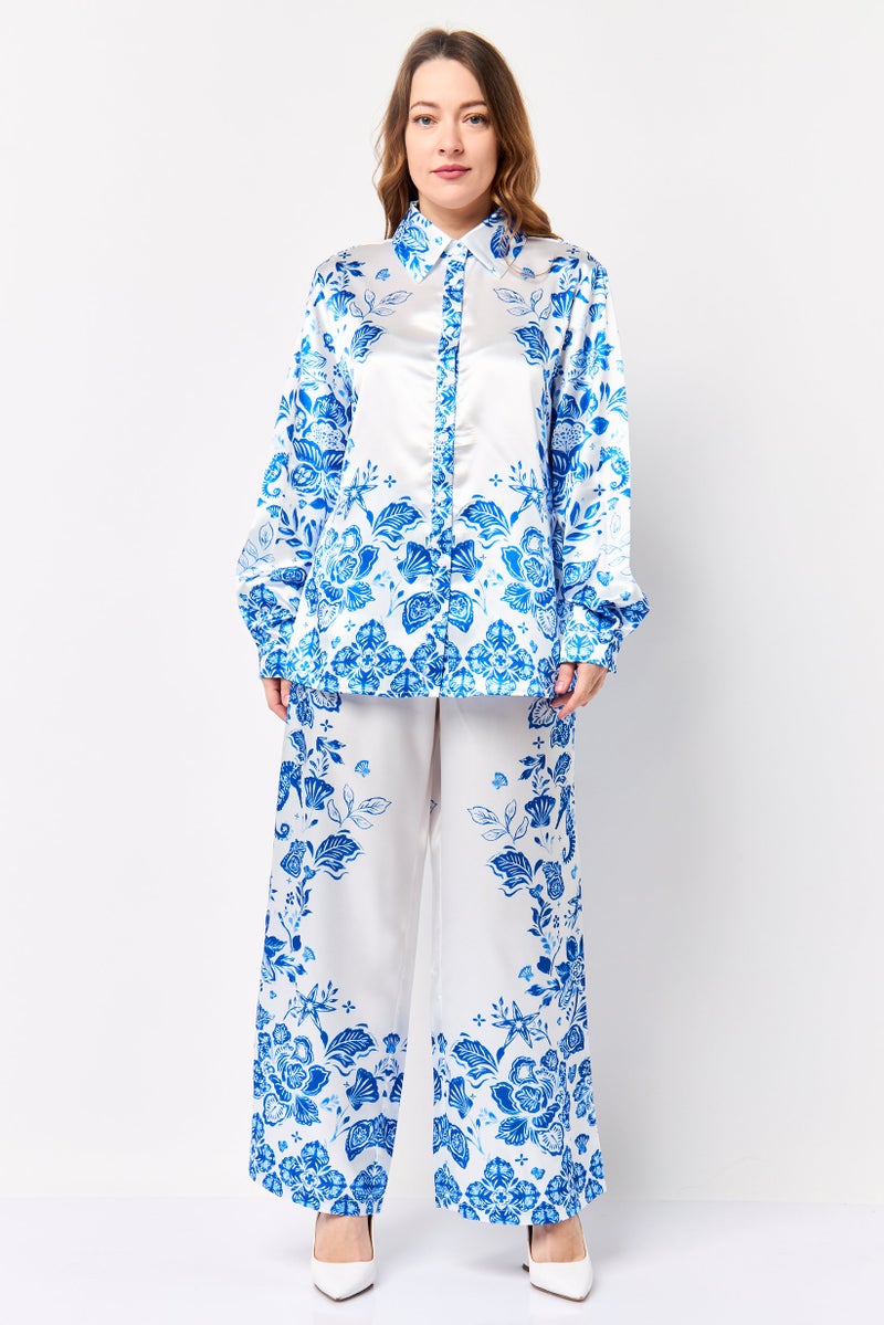 Kathy Ireland Women 2 Pieces Floral Print Shirt With Pants Coord Set, Multicolor - Image 1