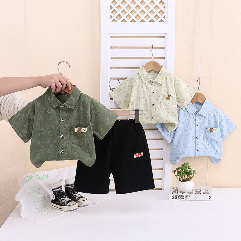 Children'S Clothing Boys Summer Short-Sleeved Suit Baby Summer Handsome Printed Stripesd Shirt Short-Sleeved Thin Two-Piece Trendy Set - Image 3