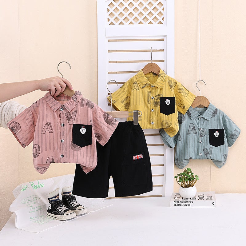 Children'S Clothing Boys Summer Short-Sleeved Suit Baby Summer Handsome Printed Stripesd Shirt Short-Sleeved Thin Two-Piece Trendy Set - Image 4