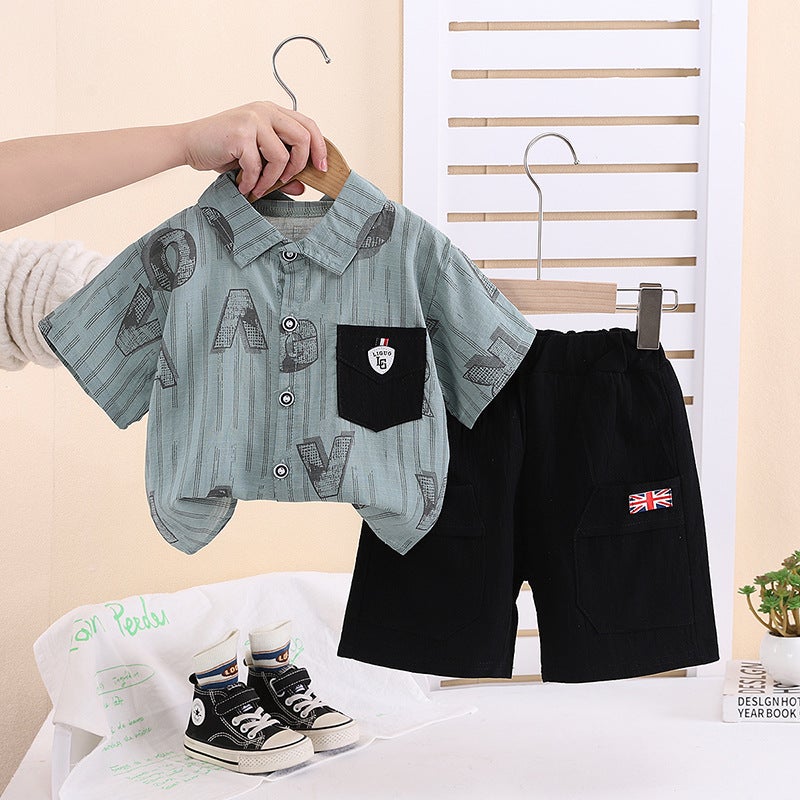 Children'S Clothing Boys Summer Short-Sleeved Suit Baby Summer Handsome Printed Stripesd Shirt Short-Sleeved Thin Two-Piece Trendy Set - Image 1