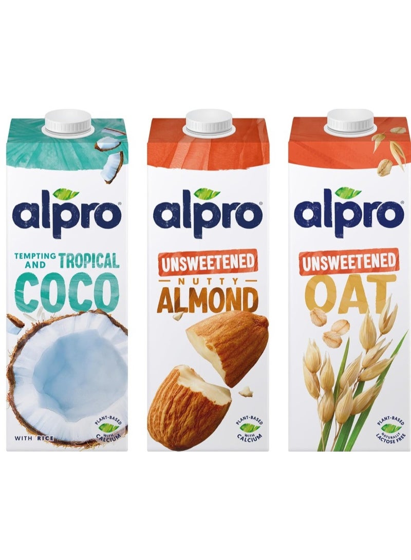 Alpro Plant Based Bundle for Smoothies, Cocount, Oat, Almond, 3X1L, Perfect for Smoothies