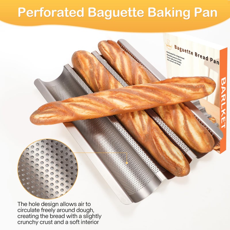 Barlket Baguette Bread Pan, Perforated French Bread Pan, Nonstick Bread Pans for Baking, with Baguette Kit â€“ Includes Proofing Cloth & Dough Cutter, 15x11 Inch Gold, 3 Loaf - Image 3