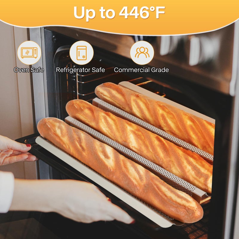 Barlket Baguette Bread Pan, Perforated French Bread Pan, Nonstick Bread Pans for Baking, with Baguette Kit â€“ Includes Proofing Cloth & Dough Cutter, 15x11 Inch Gold, 3 Loaf - Image 4