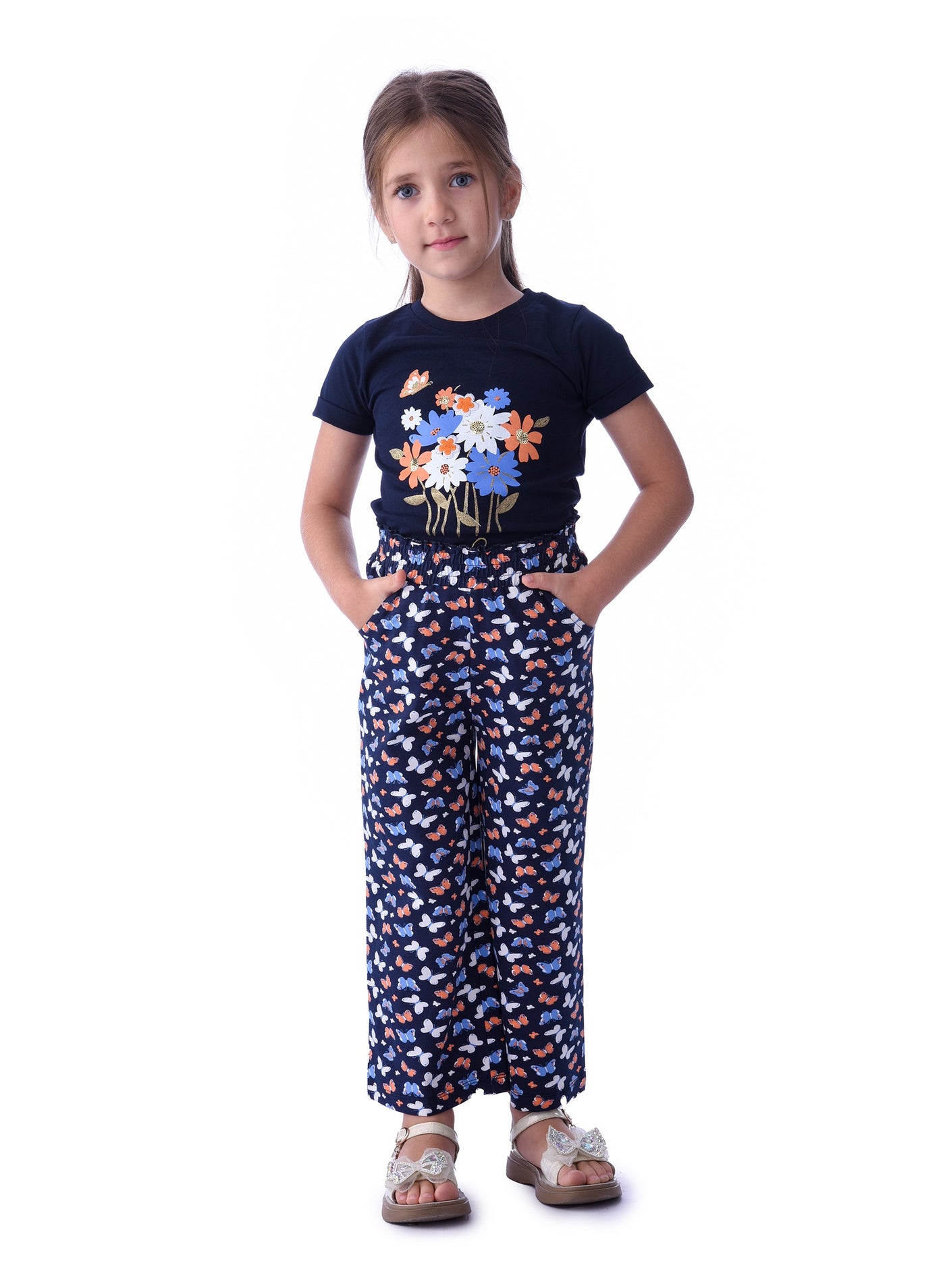 victor and jane Girls (2-8 Years) T-Shirt and  Straight Fit Pant Set -Blue