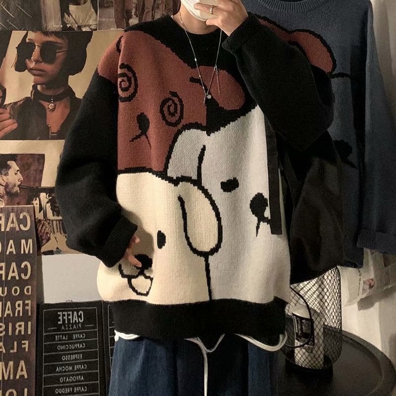 Cardigan Black Sweater Men's Korean-style Loose Autumn and Winter Thickened Trendy Lazy Style Knitted Cartoon Round Neck