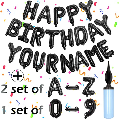 Awfrky 76pcs Happy Birthday Balloon Banner Black Balloons Letters Personalized 16 Mylar Foil Birthday Decorations includes 2 Sets A Z 1 set Number 09 and HAPPY BIRTHDAY letters with Balloon Pump - Image 1