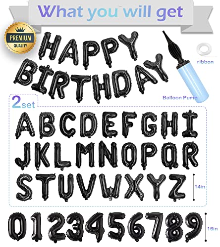 Awfrky 76pcs Happy Birthday Balloon Banner Black Balloons Letters Personalized 16 Mylar Foil Birthday Decorations includes 2 Sets A Z 1 set Number 09 and HAPPY BIRTHDAY letters with Balloon Pump - Image 5