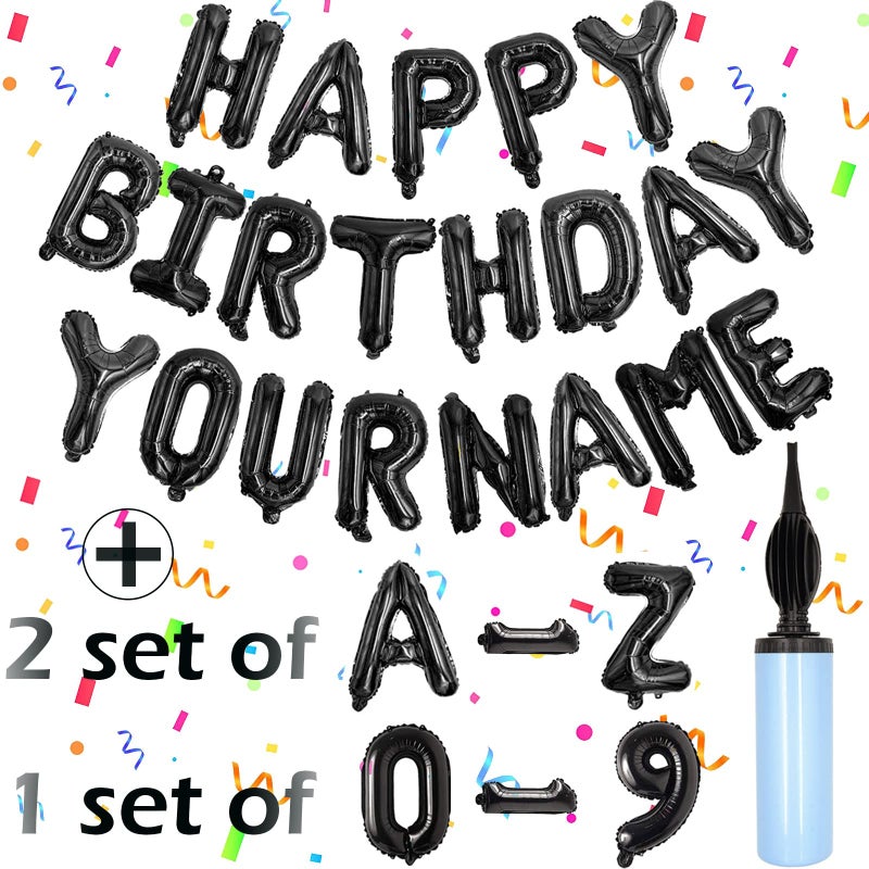 Awfrky 76pcs Happy Birthday Balloon Banner Black Balloons Letters Personalized 16 Mylar Foil Birthday Decorations includes 2 Sets A Z 1 set Number 09 and HAPPY BIRTHDAY letters with Balloon Pump - Image 3