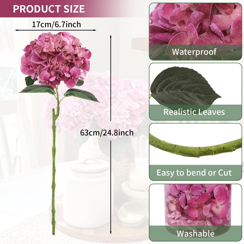 Coferset 3Pcs Large Hydrangea Artificial Flowers 24.8" Real Touch Faux Hydrangea UV&Waterproof Latex Fake Flowers with Bendable Stems &Leaves for Wedding Bouquet Centerpieces Home Party Decor(Magenta) - Image 2
