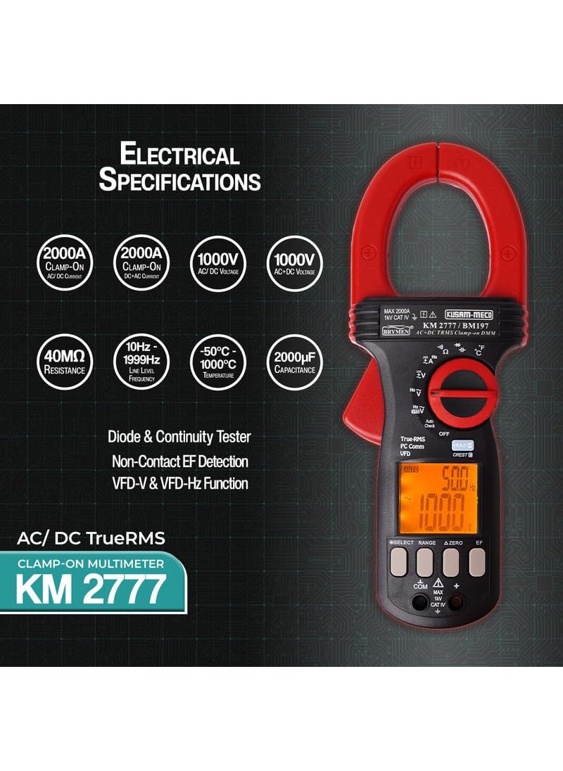 KUSAMMECO KM 2777 ACDC TRMS ClampOn Multimeter with VFD EFDetection PC Interface11 Functions 34 Ranges Easy To Operate 1 Year Warranty