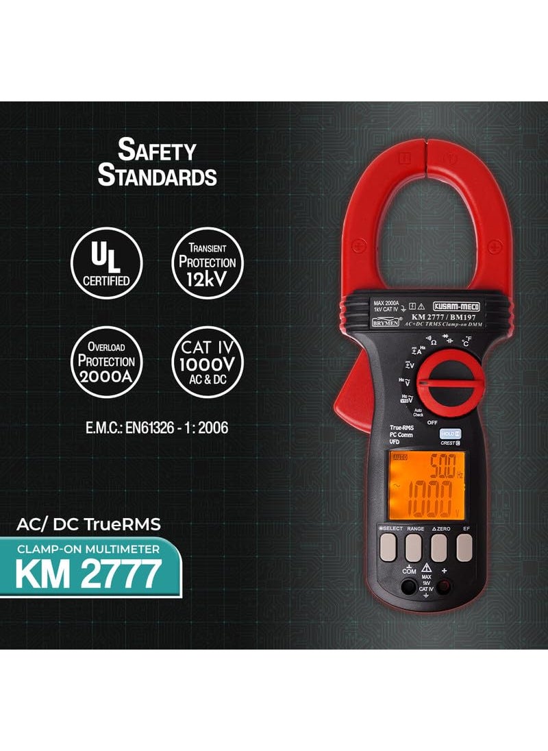 KUSAMMECO KM 2777 ACDC TRMS ClampOn Multimeter with VFD EFDetection PC Interface11 Functions 34 Ranges Easy To Operate 1 Year Warranty