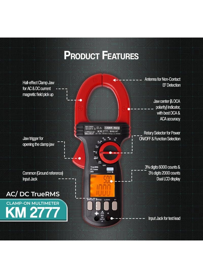 KUSAMMECO KM 2777 ACDC TRMS ClampOn Multimeter with VFD EFDetection PC Interface11 Functions 34 Ranges Easy To Operate 1 Year Warranty