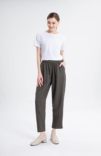 LaovanIn Women's Linen Cropped Pants Tapered Ankle Capris Trousers Elastic Waist XX-Large Gray - Image 5