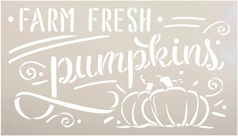 Farm Fresh Pumpkins Stencil by StudioR12 | DIY Farmhouse Fall Script Home Decor | Paint Autumn Harvest Wood Signs | Select Size (10.5 x 6 inch)