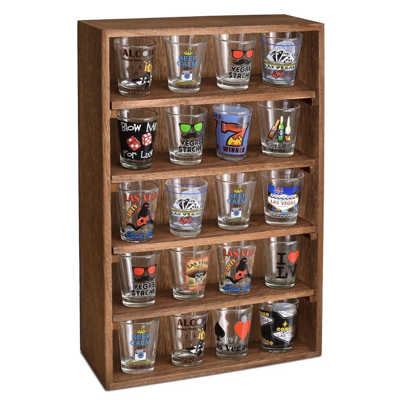 Ikee Design Wooden Wall-Mounted Display Shelves Rack for Collectibles-Figures,Shot Glasses,Spice Can,Cosmetics or Perfume-5 Adjustable Height Shelves,Space-Saving- Brown Color - Image 1
