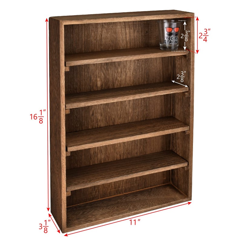Ikee Design Wooden Wall-Mounted Display Shelves Rack for Collectibles-Figures,Shot Glasses,Spice Can,Cosmetics or Perfume-5 Adjustable Height Shelves,Space-Saving- Brown Color - Image 2