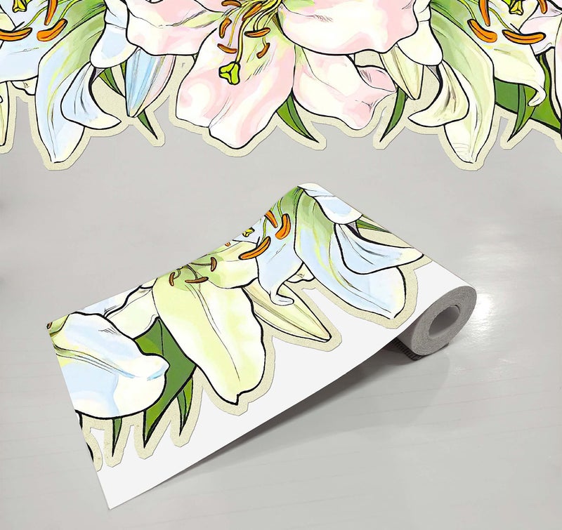 WallDesign Hibiscus Flowers Vector Illustrated 2D Wall Edge Trim Border PVC Sticker for Ceiling, Floor, Skirting, Wall, Wood, Tiles - 5.25 Inch Width x 5 Feet Length - Image 1
