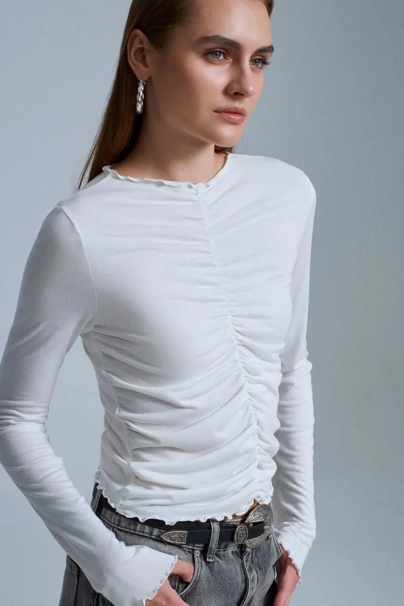 Dilvin White DILVIN Slim Fit Long Sleeve Jersey Blouse for Women | Best Price UAE