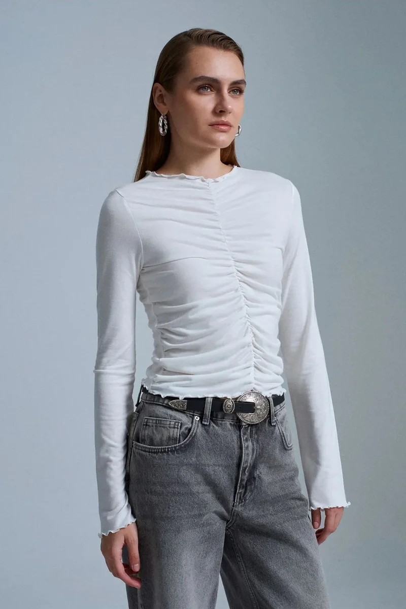 Dilvin White DILVIN Slim Fit Long Sleeve Jersey Blouse for Women | Best Price UAE