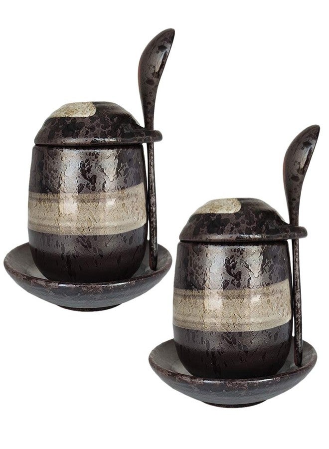 MASSJOY Set of 2 Japanese Style Stoneware Egg Custard Cooker, Medicinal Herbs Tonic Stew Pot, Seasoning Jar. (With Spoon and Saucer) - Image 1