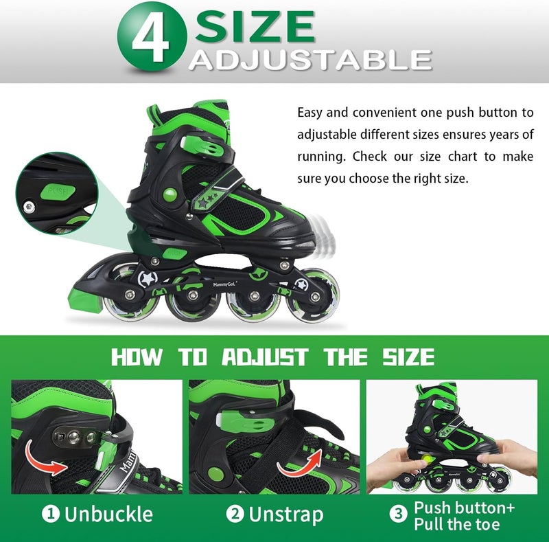 MammyGol Adjustable Inline Skates for Kids with Light Up Wheels - Green - Image 5