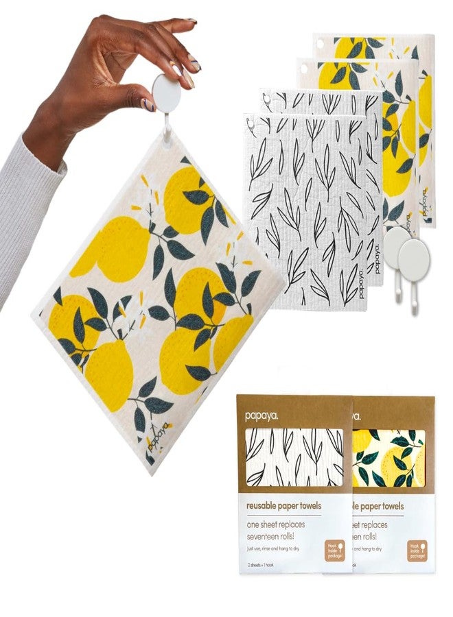 Papaya Swedish Dishcloths for Kitchen, 4 Reusable Paper Towels, 2 Hooks - Image 1