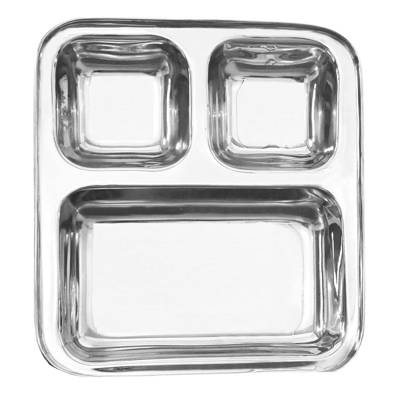 AVIROM Set of 3 Pieces Heavy Duty Stainless Steel 3 in 1 Pav Bhaji Dinner Plate Three Compartment Dinner Plate - Image 1