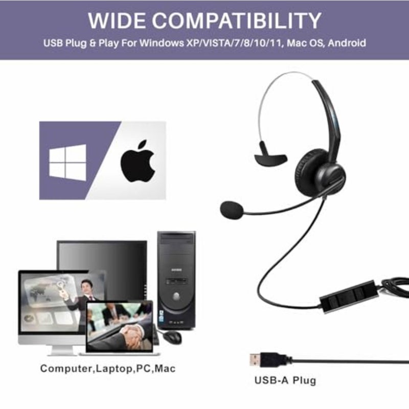 سماعة أذن فردية USB مع ميكروفون لإلغاء الضوضاء، وعصابة رأس قابلة للتعديل، وعناصر تحكم صوتية مدمجة للكمبيوتر المحمول، والمكتب، ومركز الاتصال، وSkype Zoom - Image 5