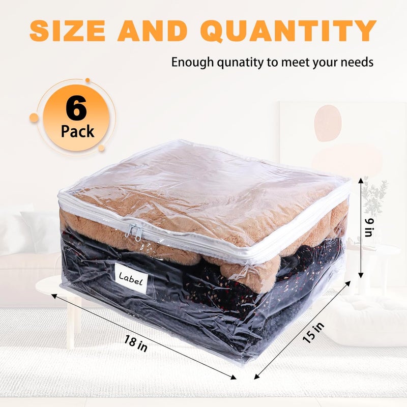 Heonay Clear Zippered Storage Bags 6 Packs Plastic Storage Bags Sweater Storage Bags with Zipper Clothing Storage Bags Organizer for Blankets Linen Bed Sheet Quilt Clothes Pillow (18 x 15 x 9 Inch) - Image 2
