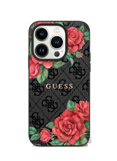 GUESS iPhone 16 Pro Max PU 4G Hard Case with Roses and Metal Logo / Shock Absorption / Raised Bezels / Slim and Lightweight Back Cover - Black 