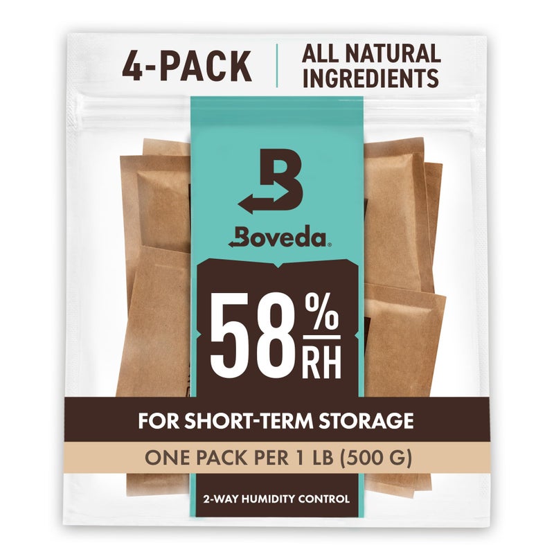 Boveda 58% Two-Way Humidity Control Packs For Storing 1 lb â€“ Size 67 â€“ 4 Pack â€“ Moisture Absorbers for Storage Containers â€“ Humidifier Packs â€“ Hydration Packets in Resealable Bag - Image 1