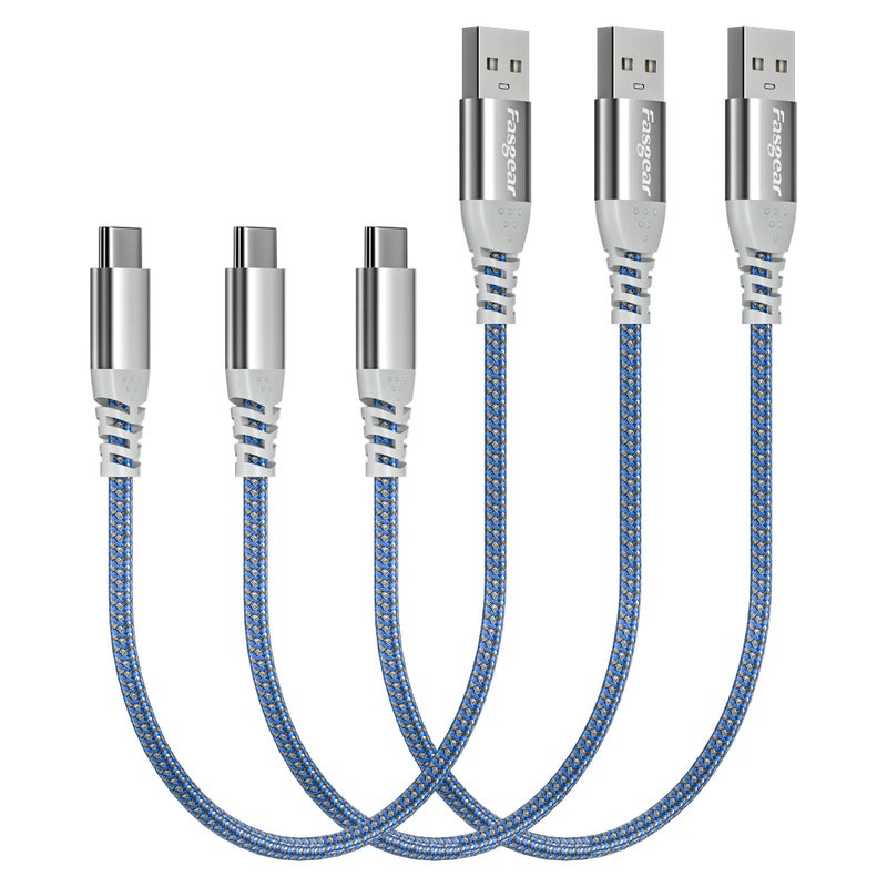 Fasgear 3-Pack 1ft USB-A to USB-C Short Cable, Nylon Braided Fast Charging Cord for Galaxy S24, LG, iPad Pro – Blue - Image 1