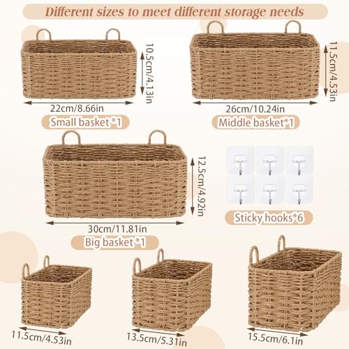 Ferrochef 3 Piece Wall Hanging Baskets for Organizing Paper Rope Woven Baskets Sets Boho Style Storage Bins for Fruits Vegetable Kitchen Storage Farmhouse Wall Decor Housewarming Gifts - Image 3