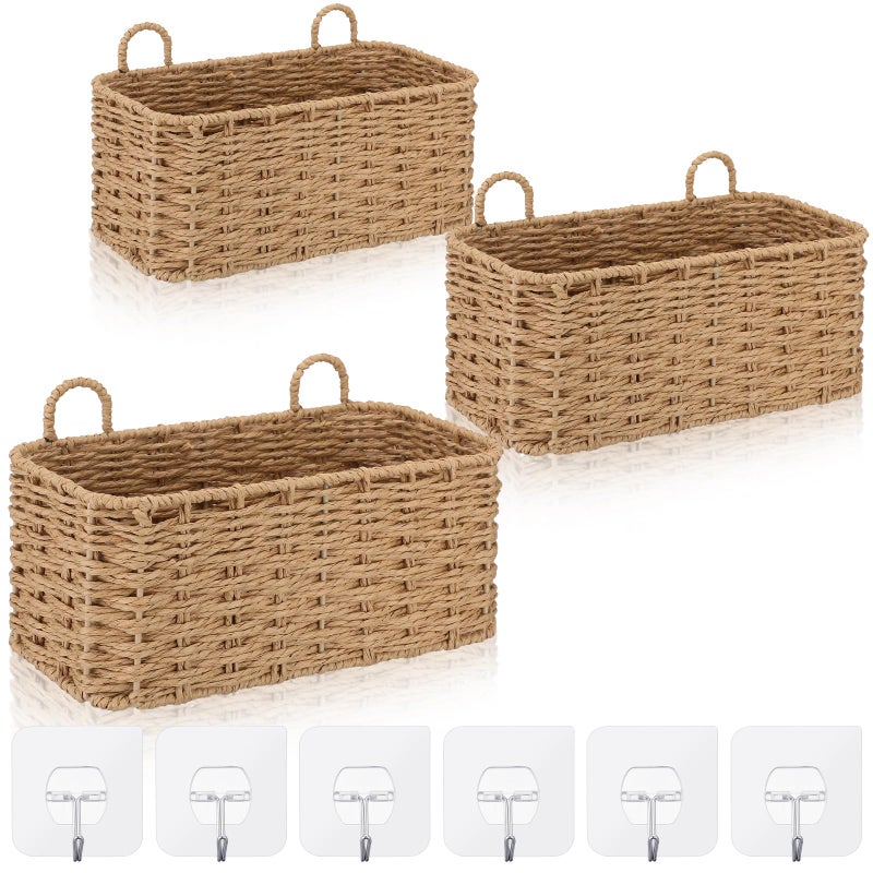 Ferrochef 3 Piece Wall Hanging Baskets for Organizing Paper Rope Woven Baskets Sets Boho Style Storage Bins for Fruits Vegetable Kitchen Storage Farmhouse Wall Decor Housewarming Gifts - Image 2