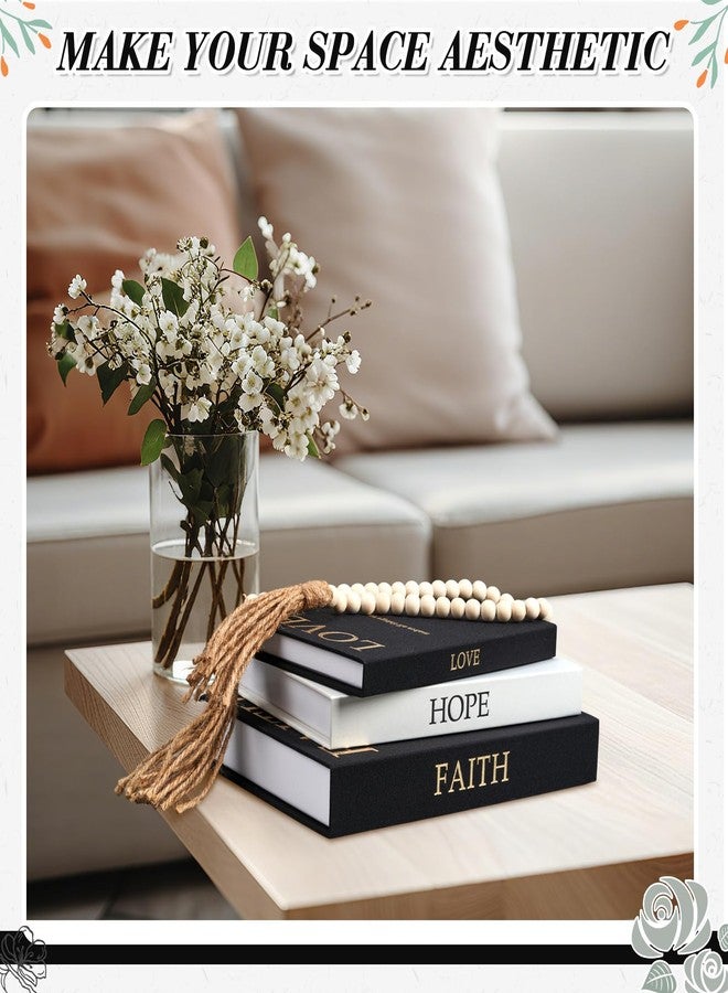 Faccito Set of 3 Linen Decorative Books with Wooden Beaded Garland Tassel Elegant Aesthetic Fake Books for Coffee Table Shelf Mantel Storage Boxes for Modern Home Decor (Black) - Image 4
