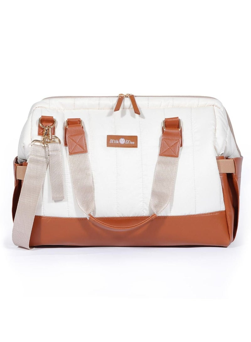 Milk&Moo Milk&Moo Tote Diaper Bag, Quilted, Large, for Baby Care, Travel Bag, Hospital Bag, Water Resistant, Vegan Leather, Heat Insulated Pockets, Shoulder Bag, Brown and Beige  - Image 1