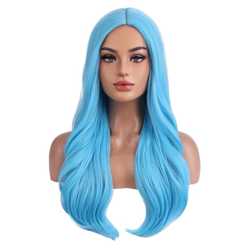 BERON 24 Women Girls Long Curly Wavy Wig Heat Resistant Synthetic Fiber with Wig Cap Sky Blue