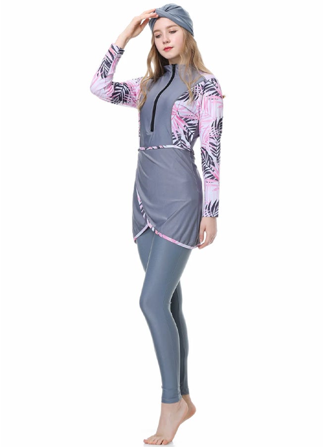 MARGOUN Women XXL Size Muslim Women Modest Swimsuit Full Coverage Floral Print Three Piece Islamic Hijab Ladies Beachwear Swimming Swimwear Grey - Image 5