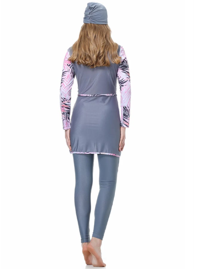 MARGOUN Women XXL Size Muslim Women Modest Swimsuit Full Coverage Floral Print Three Piece Islamic Hijab Ladies Beachwear Swimming Swimwear Grey - Image 4