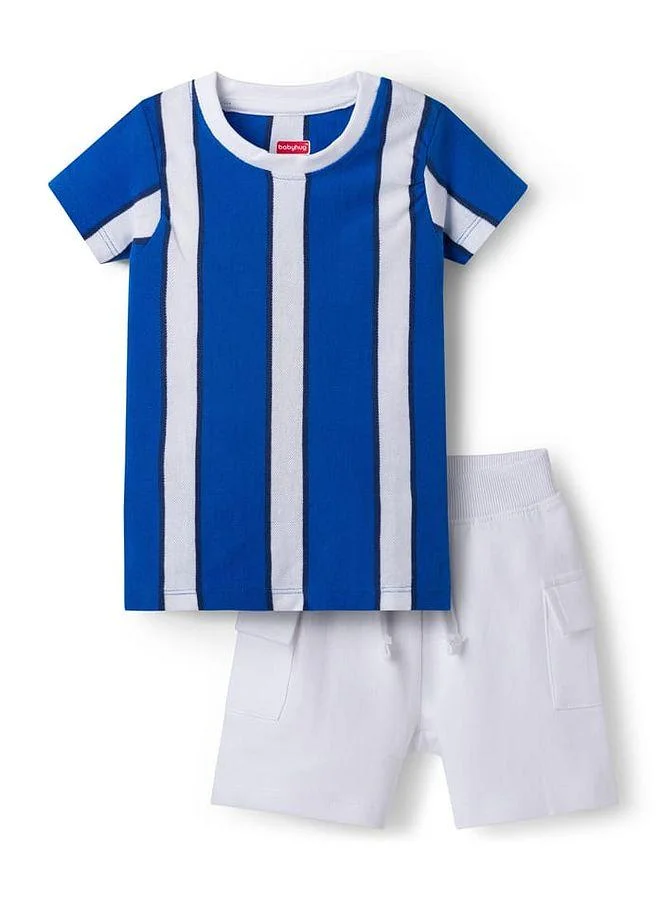 Babyhug Babyhug 100% Cotton Knit Half Sleeves Striped T-Shirt & Short Set - Blue