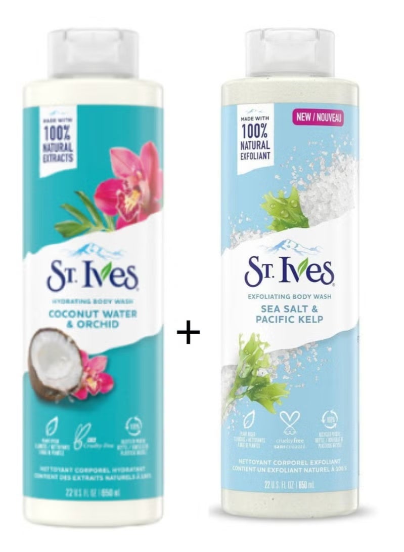 سانت آيفز غسول الجسم المقشر من سانت آيفز بملح البحر الهادئ والأعشاب - 650 مل مع جل استحمام برائحة الأوركيد وماء جوز الهند - 650 مل