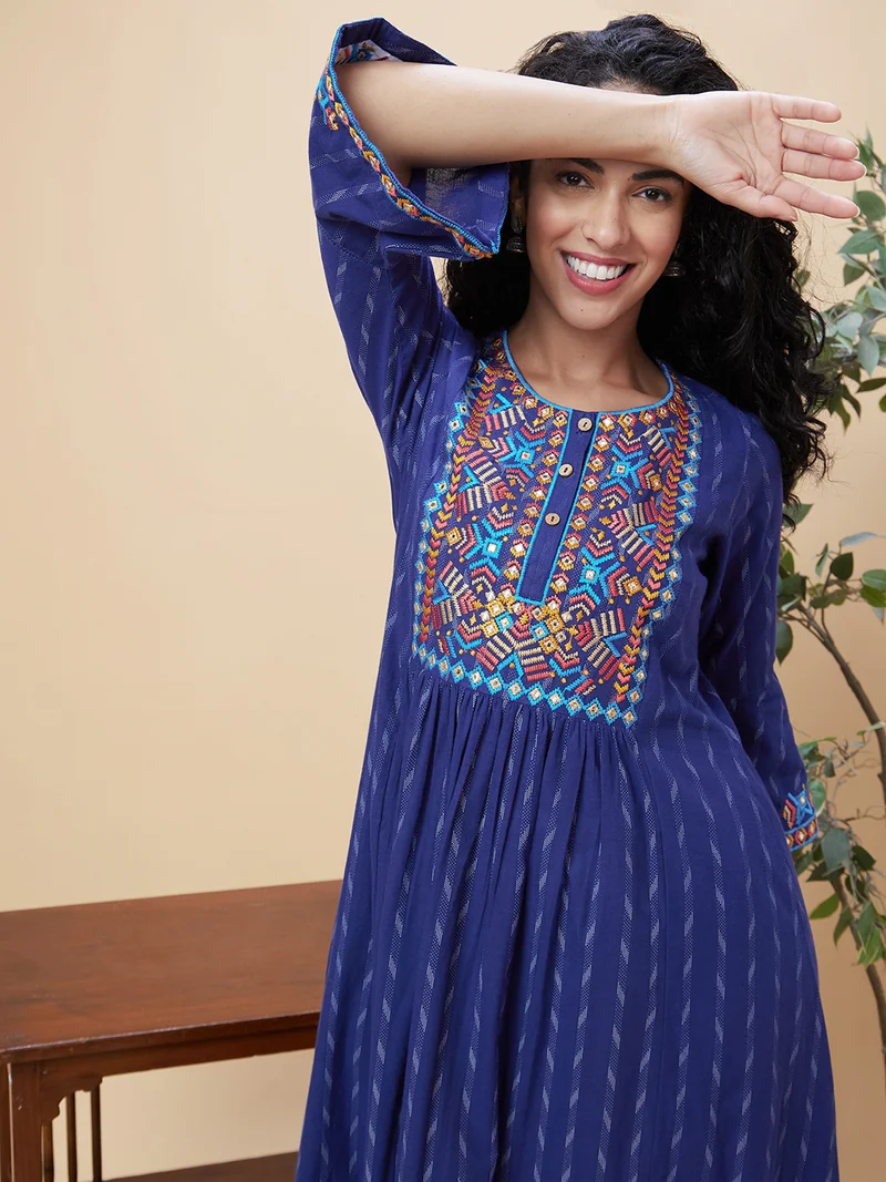 globus Women Blue Geometric Yoke Design Bell Sleeves Thread Work Pure Cotton A-Line Kurta