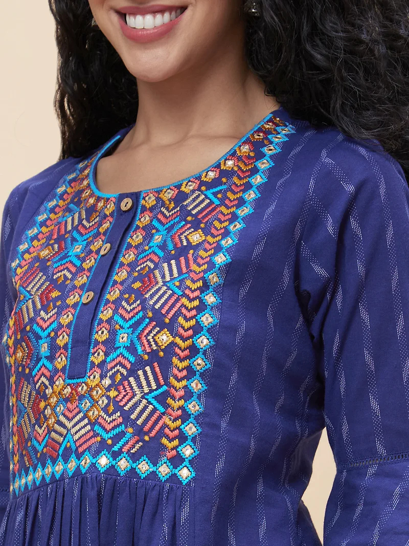 globus Women Blue Geometric Yoke Design Bell Sleeves Thread Work Pure Cotton A-Line Kurta