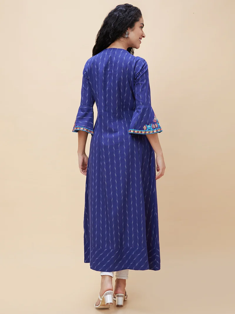 globus Globus Women Blue Geometric Yoke Design Bell Sleeves Thread Work Pure Cotton A-Line Kurta