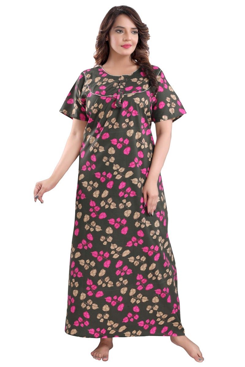 Fabme Women's Cotton Nightgown (NW0224, Free Size, Mehendi) - Image 1